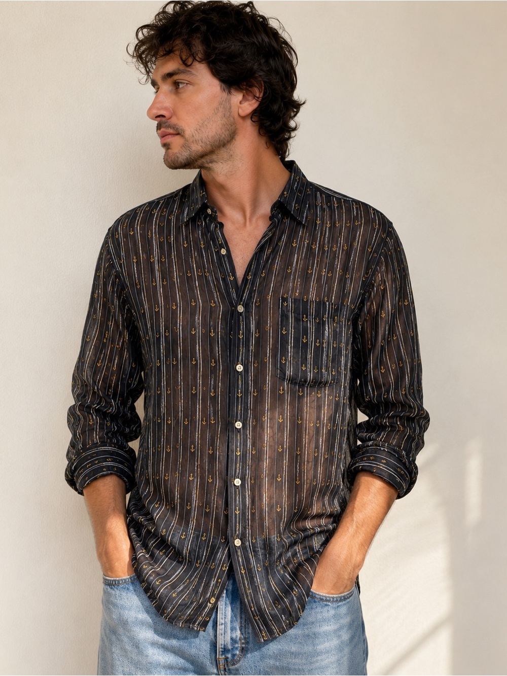 Vintage Paul Fourticq French Nautical Anchor Cotton Shirt Made in France